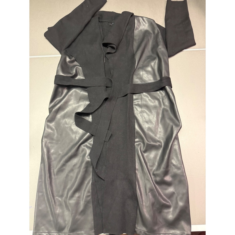 Tahari T Womens Black Faux Leather Mixed Media Belted Wrap Coat Large